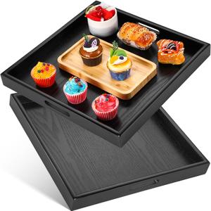 Mumufy 2 Pcs Square Large Ottoman Tray 16 x 16 Inch Extra Large Wood Serving Tray with Handle Black Decorative Wooden Tray for Home Table Coffee Living Room Kitchen Counter
