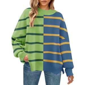 ZESICA Women's Fall 2025 Oversized Sweaters Long Sleeve Color Block Mock Neck Side Slit Comfy Loose Knitted Pullover Tops, Grass Green, Medium