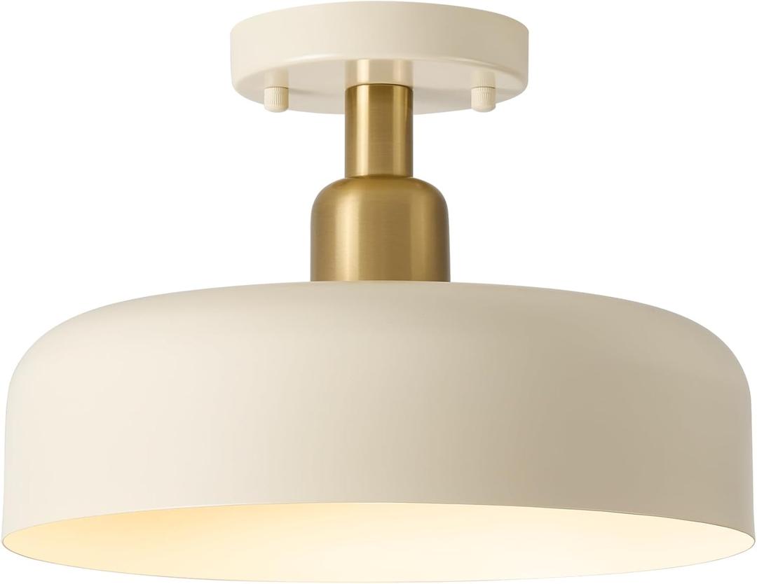 BISAMIYA Modern Semi Flush Mount Ceiling Light Fixture, Brass Accent and 12.6" Metal Shade Ceiling Light, for Kitchen, Hallway, Entryway, Pantry, Laundry Room (Cream)