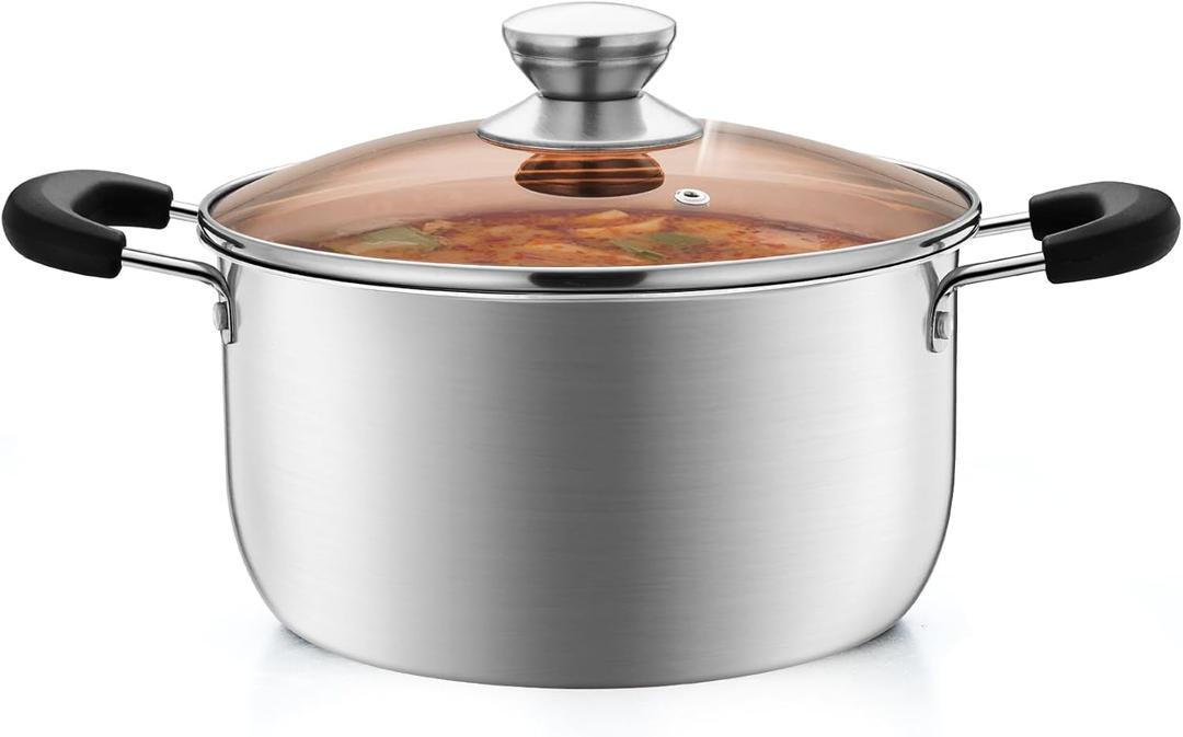 4 Quart Stock Pot with Lid, P&P CHEF Stainless Steel Cooking Pot Stockpot for Soup and Pasta, Heat-proof Handle & Glass Lid, Dishwasher Safe & Non Toxic