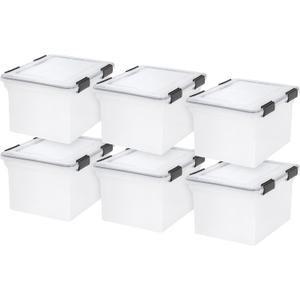 IRIS USA 32 Quart WEATHERPRO Plastic Storage Box with Durable Lid and Seal and Secure Latching Buckles, Clear with Black Buckles, 6 Pack