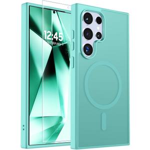 SUPFINE Magnetic for Samsung Galaxy S24 Ultra Case with Screen Protector, (Built-in Magnets) (Military Grade Drop Protection) Slim Translucent Shockproof Phone Case,Blue Green