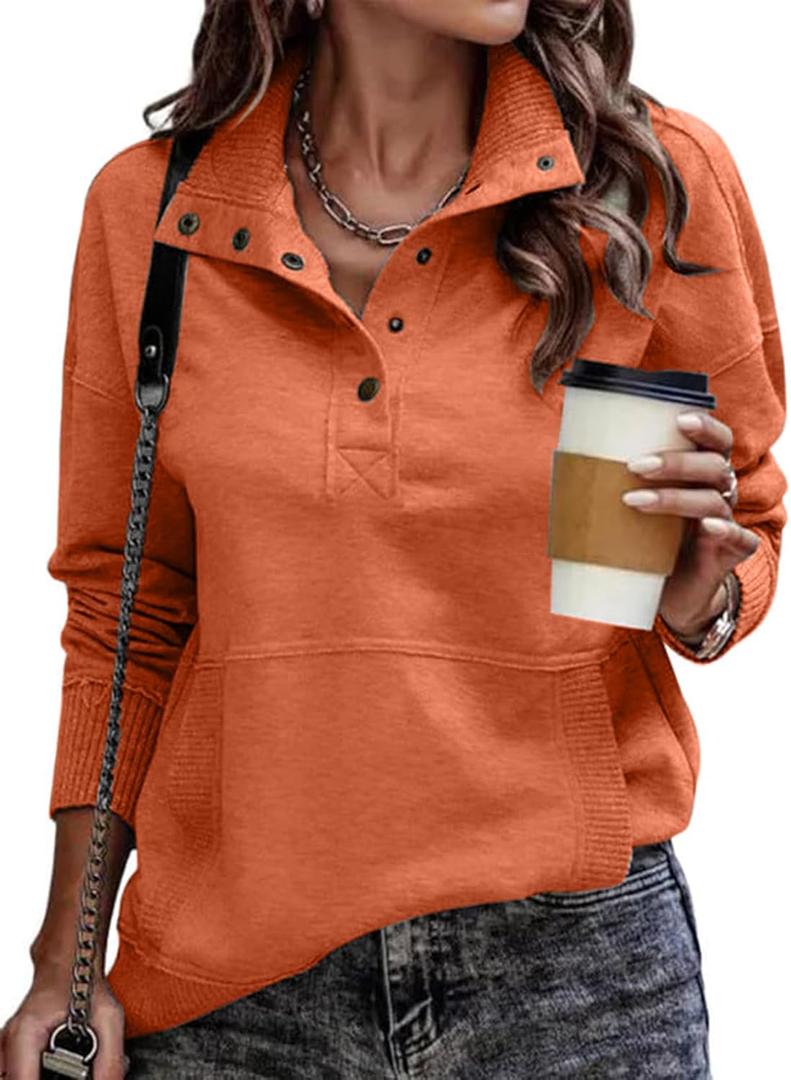 SHEWIN Womens Sweatshirt Casual Long Sleeve Lightweight Sweatshirts Button Loose Pullover Tops (Small, E Orange)