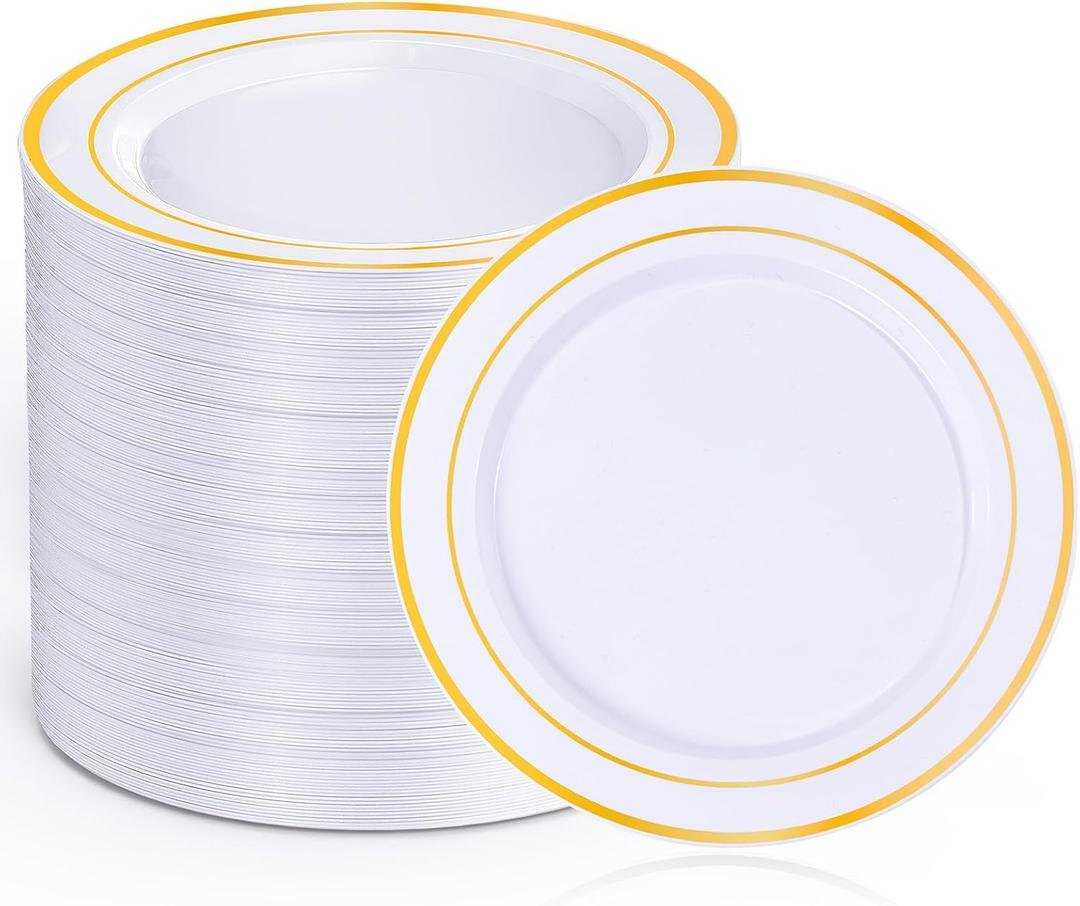 100Pcs Gold Plastic Dessert Plates, Plates Disposable Salad Plate with Gold Rim, Premium Hard Fancy Small Plate, Heavy Duty Plastic Cake Platos for Party, Wedding and Birthday