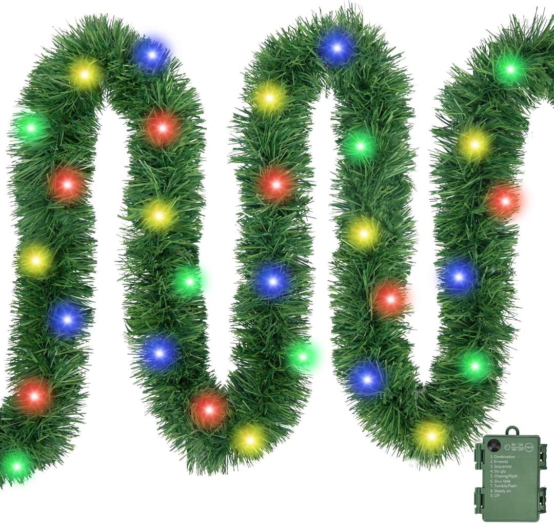 Roberly 2 PCS Total 39.4 Ft 120 Multicolor Led Pre-lit Christmas Garland with Lights, 8 Modes Timer Battery Operated Lighted Christmas Garland Tree Decorations for Front Door Home Decor, Green