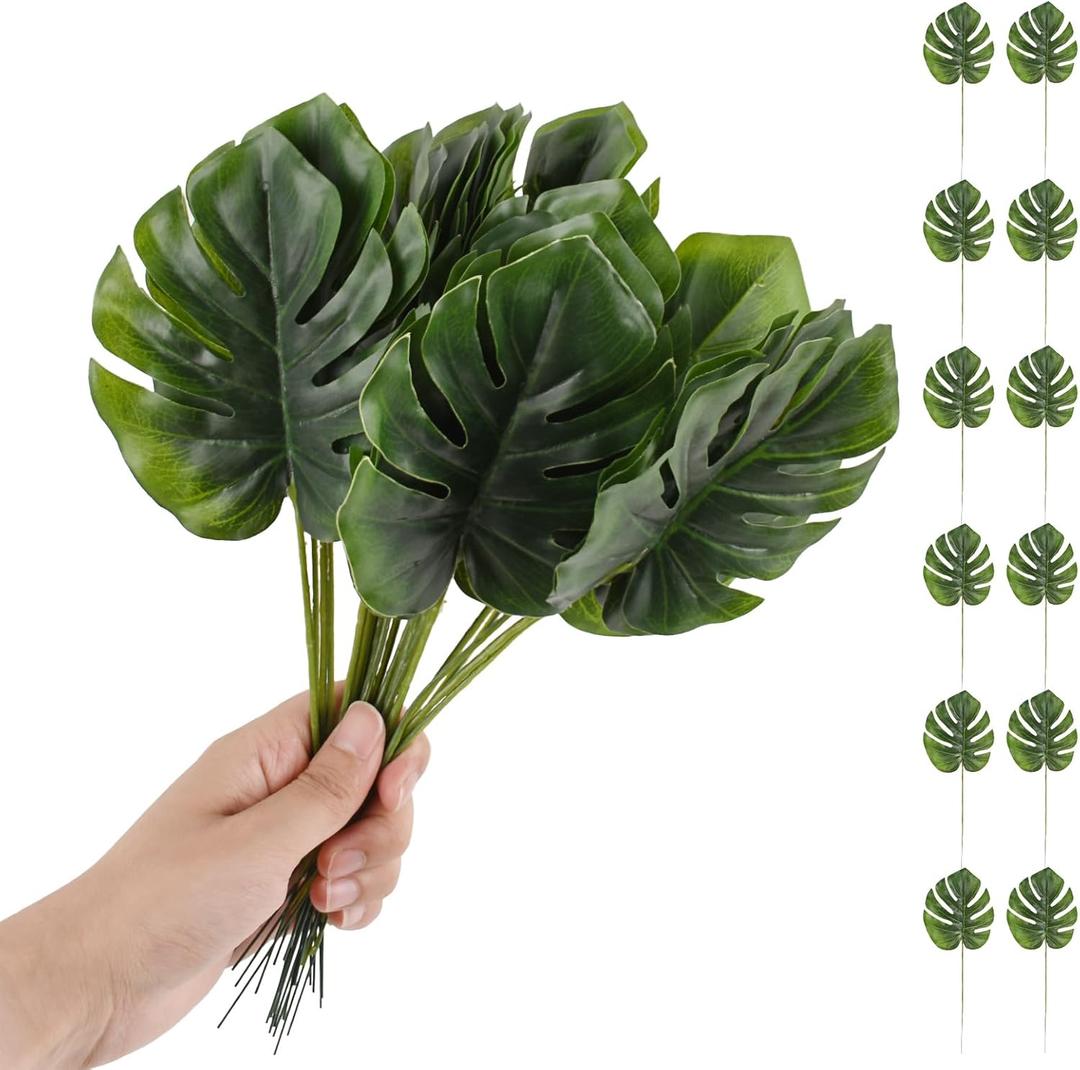 30PCS Artificial Palm Leaves Fake Monstera Leaves Faux Tropical Plants for Indoor Outdoor Home Kitchen Office Table Garden Decorations
