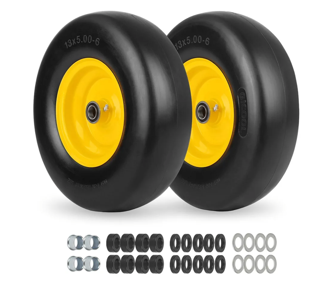 13x5.00-6 Flat Free Lawn Mower Tire and Wheel, Smooth Tread Tire for Lawnmower, Bearing Bore Hole 3/4" & 5/8, 3.25"-5.9" Centered Hub, 2 PCS Yellow Black