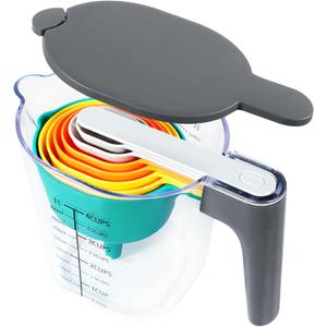 Measuring Cups and Spoons set 10 Pieces, Stackable Measuring Cup with Lid, Kitchen Cooking Baking Measuring Set for Liquid and Dry, BPA Free, Dishwasher Safe (Multicolor)