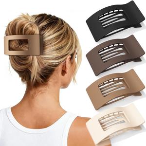 4 PCS Flat Hair Clips for Women Girls, French Rectangle Lay Down Claw Clips for Thick Thin Hair, Comfortable Curved Large Flat Clips, Matte Non-slip Strong Hold Square Hair Accessories, Brown