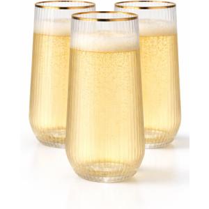 48 Pack Ribbed Ripple Stemless Toasting Glasses, Origami Durable 9 Oz BPA-Free Disposable Plastic Champagne Flutes for Weddings, Bars, Events, and Celebrations (Gold Rim)