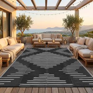 Garvee Waterproof Outdoor Area Rug 9x12 Plastic Reversible Rug for Patio Decor Easy-Cleaning Large Floor Mat for Camping RV Porch Deck Backyard Balcony Picnic Black White