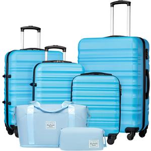 LONG VACATION 6 Piece Luggage Set Carry on Suitcase with ABS+PC hardshell, Spinner Wheels & YKK Zipper TSA Lock (SKY BLUE, 6 piece set)