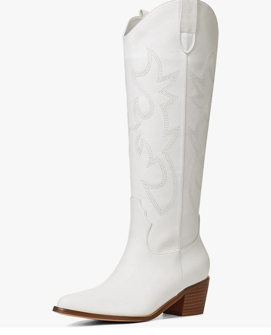 VIMISAOI Cowboy Boots for Women - Knee High, Pointed Toe, Wide Calf Western White Cowgirl Tall Boots, 11