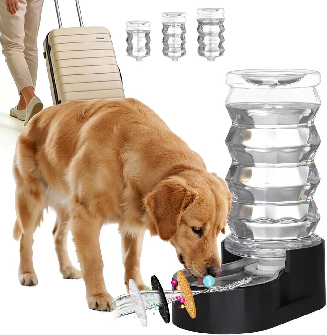RIZZARI Dog Water Bowl Dispenser : 8L Gravity Large Black Stainless Steel Automatic Feeder with Triple Filter - No Spill - Easy Clean - for Energetic Dog Owners - Multi-Pet Families -Backyard -Balcony
