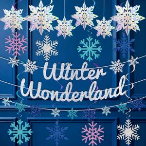 Winter Wonderland Banners, Glittery Snowflakes Hanging Swirls, 3D Laser Paper Snow Flakes for Winter Wonderland Frozen Party Decorations, Christmas Party Decoration, Birthday Home Decor.