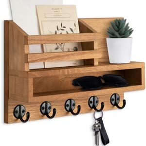 Key and Mail Holder Wall Mount, Key Hanger with Long Storage Box and Key Hooks for Coat, Dog Leash, Home Decor Rack, House Accessories, Entry Way Organizer (Standard - 11.8 Inch, Light Brown)