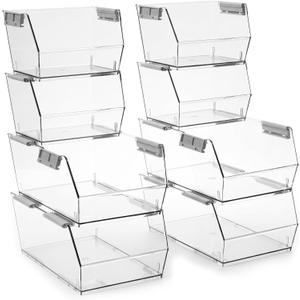 HOMESTEAD Set of 8 Stackable Storage Bins, 4 Large + 4 Small Clear Plastic Organizer Bins, Open Front Design for Kitchen Pantry, Fridge, Cabinet, Bathroom Organization and Bulk Snack Storage