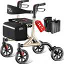 WALK MATE Rollator Walker for Seniors with Cup Holder, Upgraded Thumb Press Button for Height Adjustment, 8 Inch Wheels Walker with Seat Folding 14.7lb Lightweight Walking Aid, 300 lb Capacity, Gold