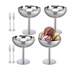4 Set Ice Cream Cups with Forks, Stainless Steel Footed Bowls 6.7 Oz Serving Dessert Cups Silver Bowl Bulk for Pudding Ice Cream Fruit Summer Party Supplies