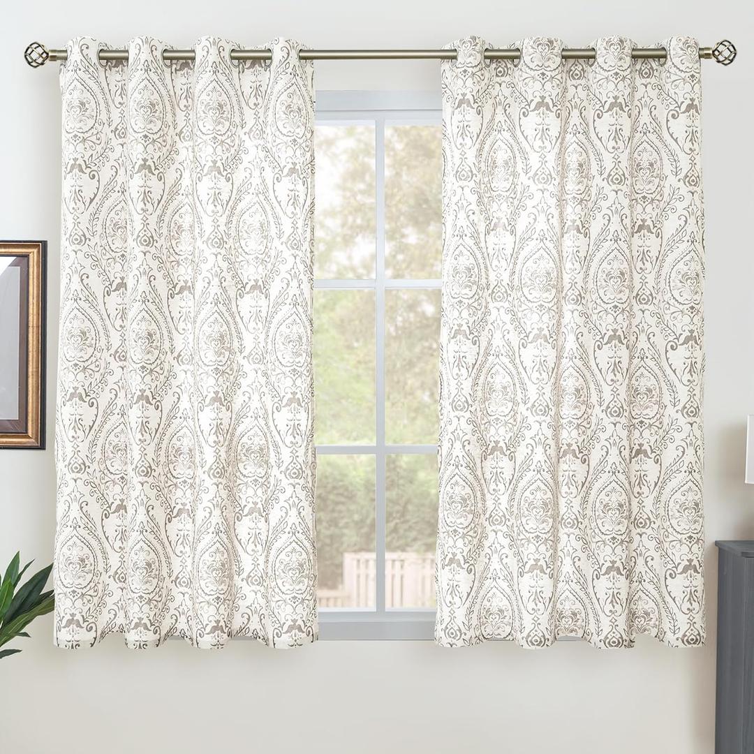 LAMIT Linen Curtains 54 inch Length 2 Panels for Living Room, Light Filtering Linen Sheer Curtains Grommet Vintage Damask Flower Pattern Window Drapes for Bedroom, 52 x 54 Inch, Taupe