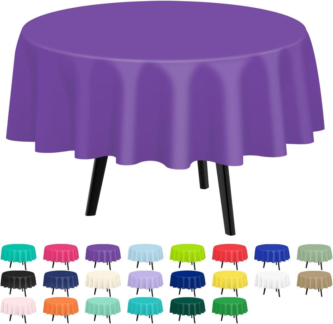 QIKSION Purple Round Tablecloth 2 Pack, 84 Inch Plastic Table Cover Disposable for Parties