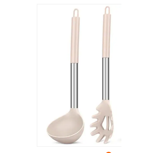 Silicone Pasta Fork and Ladle Spoon Set, Large Non Stick Kitchen Utensils for Cooking, Stirring, Soupand Sauce, Khaki