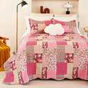 Cmfshape Summer Floral Queen Quilted Bedspread,Romantic Pink Quilt Set Full,Reversible Stitched Bedding Set All Season,Soft Lightweight Coverlet with Pillow Cases (Hot Pink&Rose, Queen90 x90)
