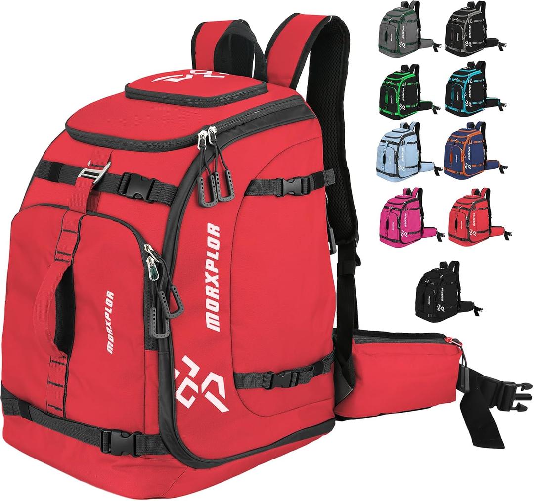 Ski Boot Bag - 65L Padded, Waterproof Ski Travel Backpack for Gear & Accessories (Red)