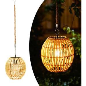 Livinlarge Hanging Solar Lantern Outdoor Waterproof, Large Solar Rattan Lantern Outdoor with Twine Handle, Bright Outdoors Hanging Lights with Edison Bulb for Garden Patio Yard Decoration