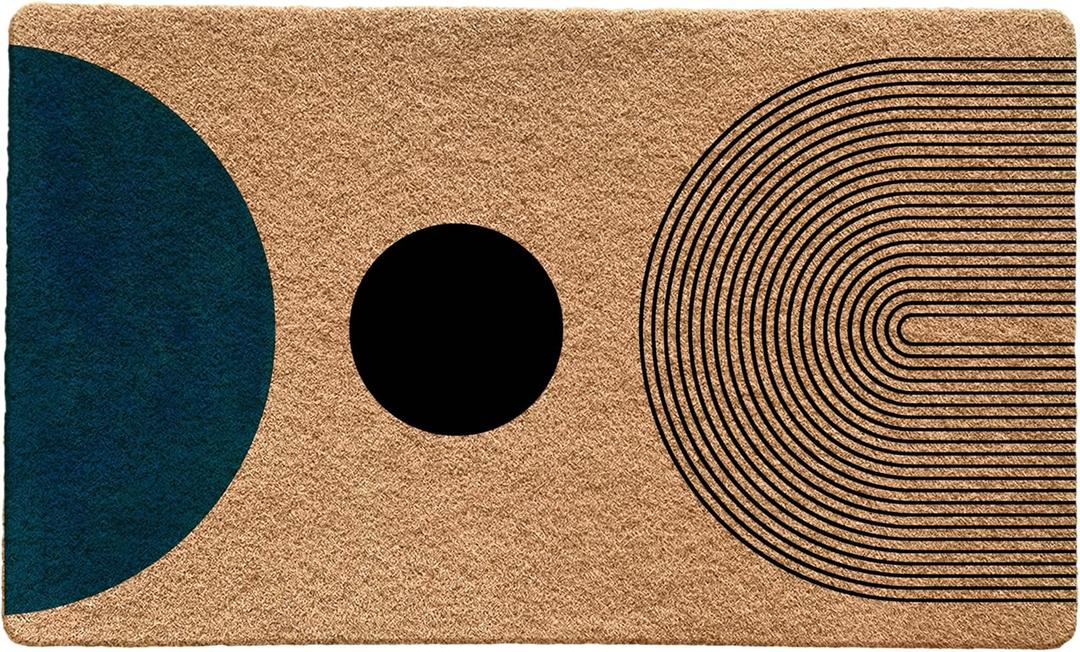 Mid Century Modern Boho Front Door Mat Outdoor Entrance Welcome Mat, Modern Green and Black Indoor Door Mats for Entryway, Boho Home Decor, 17x30 Inch Blue