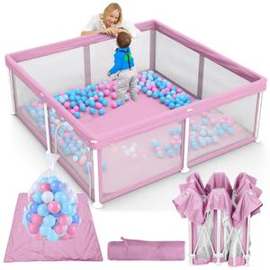 TOREVSIOR Foldable Baby Playpen with Mat, 50"50" Collapsible Playpen for Babies and Toddlers, Indoor & Outdoor Kids Safety Play Pen, Portable Play Yard, Foldable Baby Play Pen with 50 Ocean Balls (Pink)