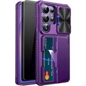 Vihibii for Samsung Galaxy S26 Ultra Case with 2X Privacy Screen Protector [Tempered Glass], Card Holder (4 Cards) [RFID Blocking] & Slide Camera Cover, Rugged Wallet Case for S26 Ultra, Dark Purple