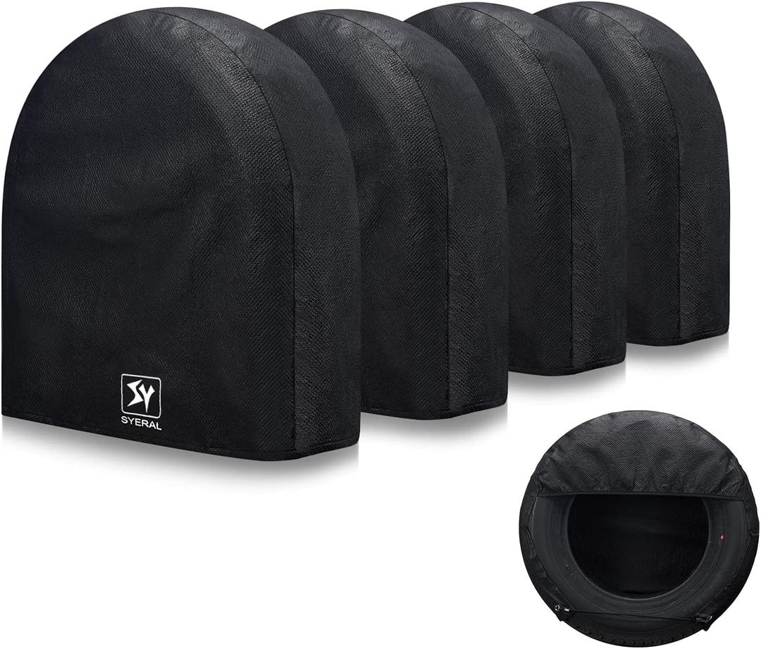 SYERAL Tire Covers Set of 4,Upgraded 5 Layer Nonwoven RV Wheel Covers, Waterproof Anti-UV Snow Sun Rain Tire Protectors Covers for Trailer,Camper,RV,Truck,SUV,30-32inch(L) Balck