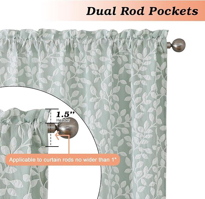 Chyhomenyc Anna White Green Curtains 84 Inch Length 2 Panels, Light Filtering 3D Embossed Textured Leaf Pattern Curtain Drapes for Bedroom Living Room, Each 38Wx84L Inches