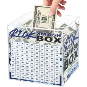 10K Smash Box Money Saving Challenge Unbreakable Piggy Bank for Adults Save $10,000 Money Saving Challenge Box, Clear Acrylic Saver Box for Cash Must Break to Open