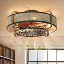 Caged Fandelier With Light and Remote - 21" Rattan Low Profile Enclosed Ceiling Fan, 6 Speeds Reversible Motor, Flush Mount, Black