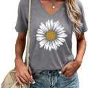 Women's T-Shirt V-Neck Graphic Tees Vintage Boho Flowers Shirt Summer Casual Plant Short Sleeve Tshirt Tops, XL