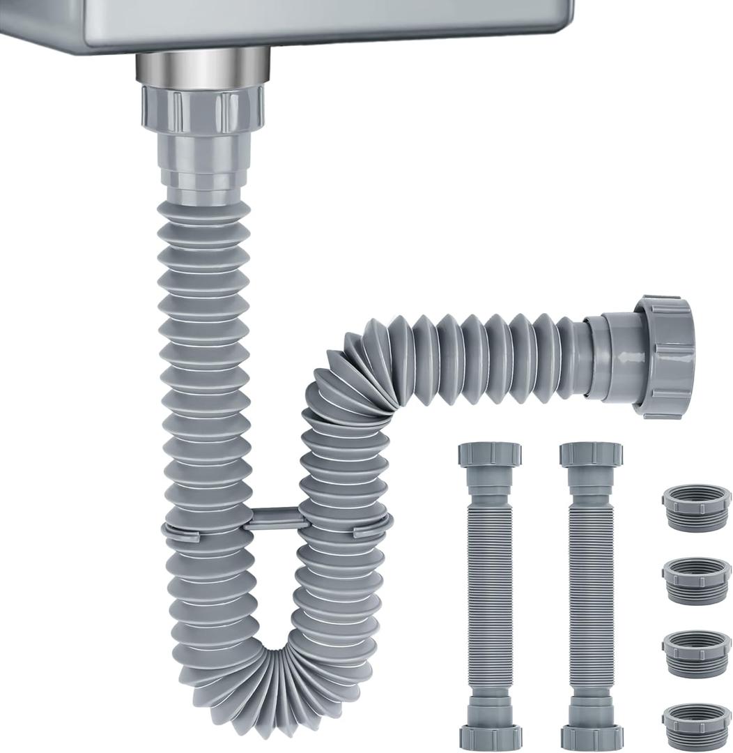 1-1/2" & 1-1/4" Flexible Kitchen Sink Drain Kit, Adjustable Bathroom P-Trap Sink Drain Pipe, Kitchen Garbage Disposal 10-29 Inch (2 Pack)