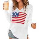 RoseSeek Women's Letter V Neck Beach Sweaters Long Sleeve Split Crochet Tops Knit Pullovers Cover Up White Red and Blue 3X-Large