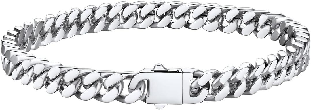Bestyle Thick Mens Cuban Link Chain Bracelets, Durable Real 18K Gold/Black Metal Plated Solid Stainless Steel Hand Chain Cuban Bracelets for Men, Silver Black Gold Bracelets for Father Husband (8.3 inches)