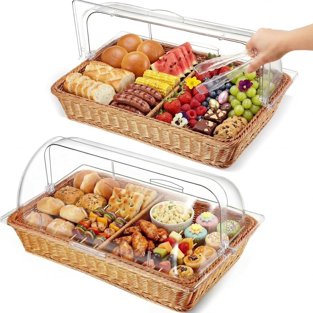 Ziliny 2 Set Wicker Bread Baskets for Serving with Clear Acrylic Roll Top Lid Woven Rattan Bread Basket Large for Fruit Food Picnic Summer Pool Party Outdoor BBQ(21.26 x 13 Inch,2 Compartment)