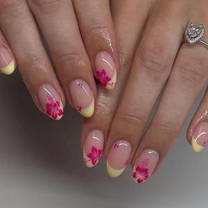Almond Press on Nails Short CEWEWP French Tip Fake Nails Yellow False Nails with Designs Pink Flower False Nails Full Cover Glossy Glue on Nails Acrylic Nails Stick on Nails for Women Girls 24Pcs (Color13)