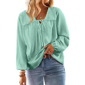 AlvaQ Womens Plus Size Tops Tie Front Long Lantern Sleeve V Neck Floral Applique Blouse Shirt L-4XL (Green, L)