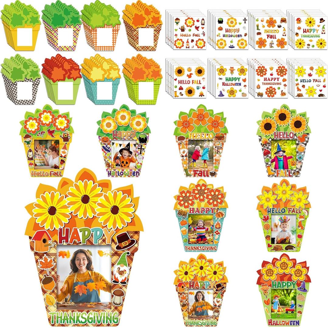 Soaoo 96 Pcs Thanksgiving Picture Frames Craft Kits, 48 Fall Flowers DIY Photo Frame and 48 Happy Thanksgiving Stickers Autumn Maple Leaf Pumpkin Gifts Craft for Fall Autumn Party Supplies Decoration, 6.3 x 4.7 inches