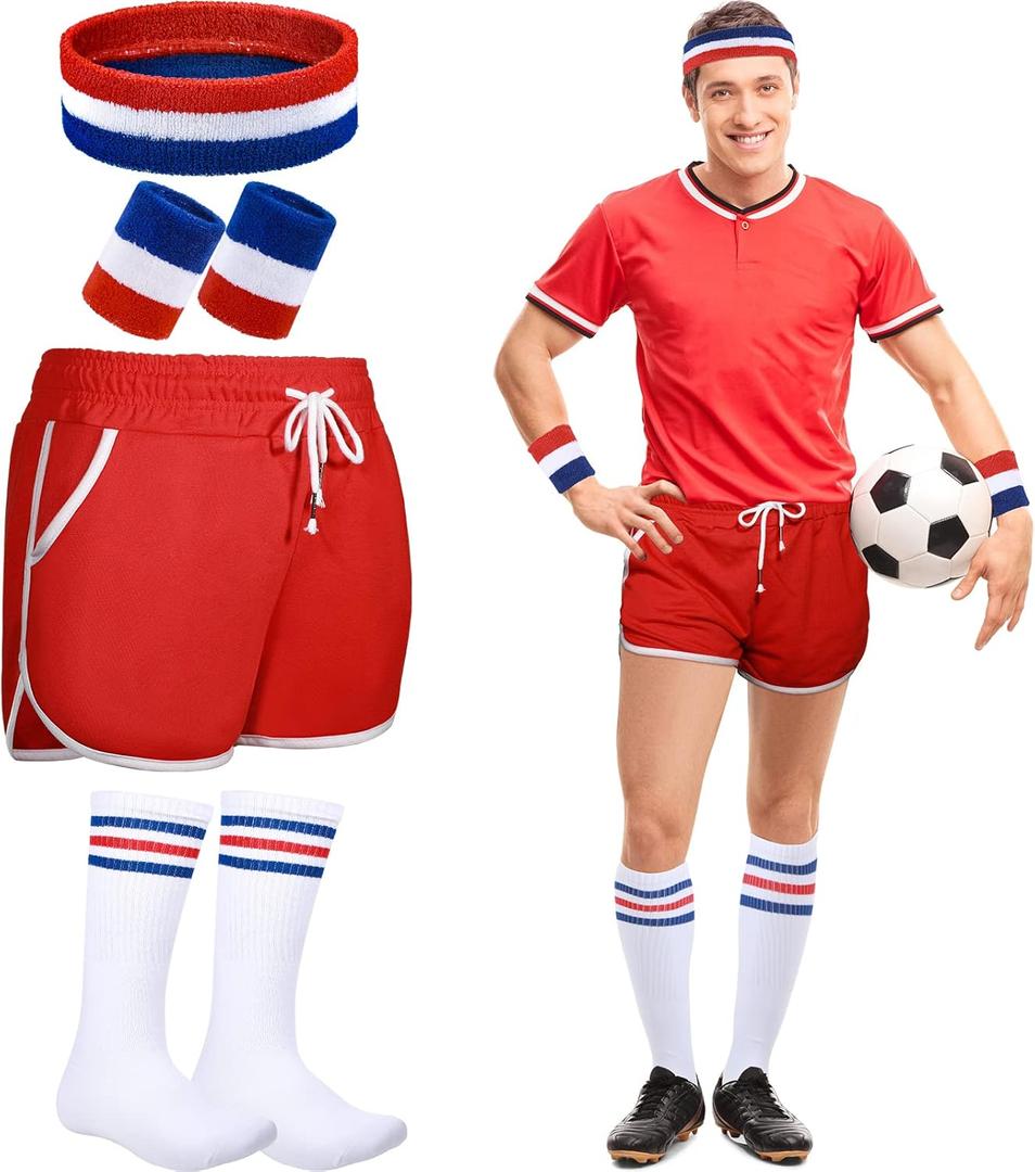 6 Pcs 80s Costume for Men 90s Workout Outfit Set Shorts Striped Sweatbands Headband Socks for Women Party Cosplay