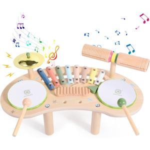 Asweets 7 in 1 Kids Drum Set for Toddlers Wooden Xylophone Musical Instruments Kit Play Set for Toddler Baby Drum Set Montessori Toys Sensory Toys Birthday Gifts for Girls Boys (Moon)