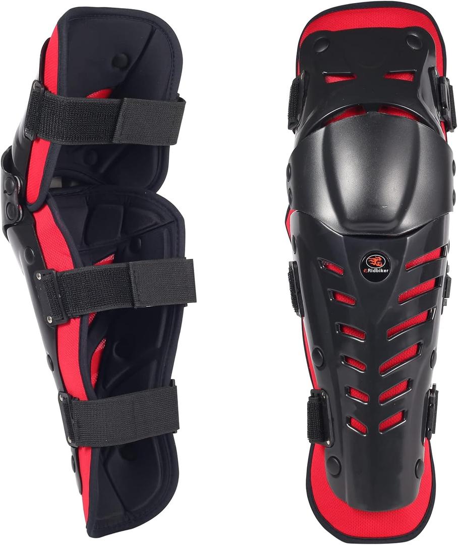 Motorcycle Knee Shin Guards, Long Leg Protection Crash Proof Motorcycle Knee Protection Bendable Adjustable MTB Knee Pads for Men Motocross Gear (Red/ Extended version)