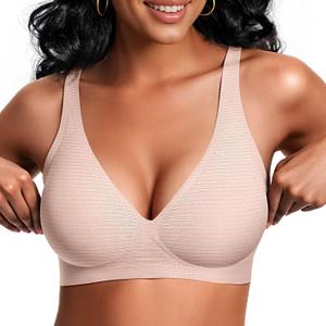 Vertvie Jelly Wireless Bras for Women Push Up Plunge Seamless T-Shirt Bras No Underwire Supportive Full Coverage Bralettes(Airy Nude,X-Large)