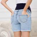OVRUNS Women Maternity Jean Shorts Over The Belly Stretchy Comfy Rolled Cuff Pregnancy Denim Shorts with Pockets (Blue, L)