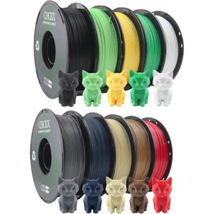 10 Pack PLA 3D Printer Filament Bundle, Dimensional Accuracy +/- 0.02 mm, 1kg Spool(2.2lbs), 1.75 mmBlack White Grey Red Green Blue Yellow Brown Lemon Green Ice Cream